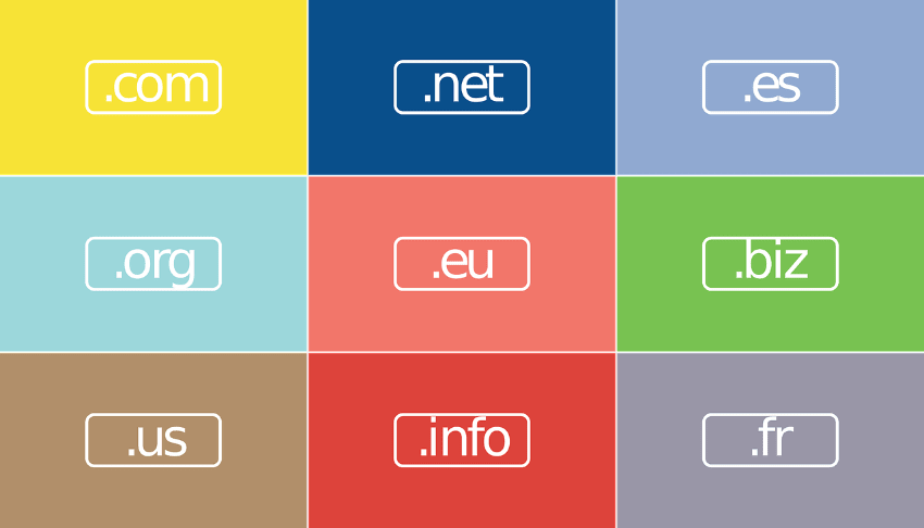 Types of TLD separated by color in boxes and how to choose a good domain name